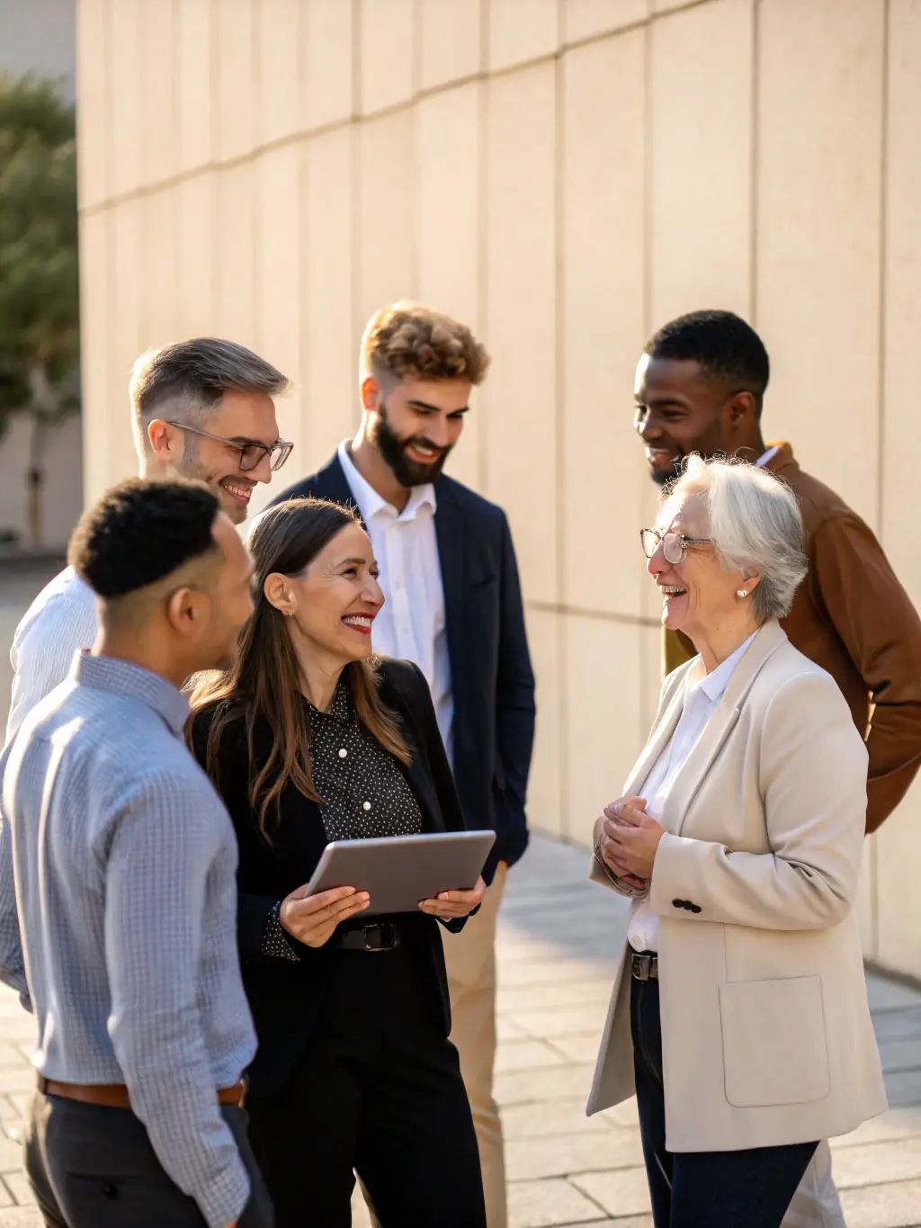A diverse group of people standing in front of a local pharmacy, showcasing community support and the importance of local businesses.