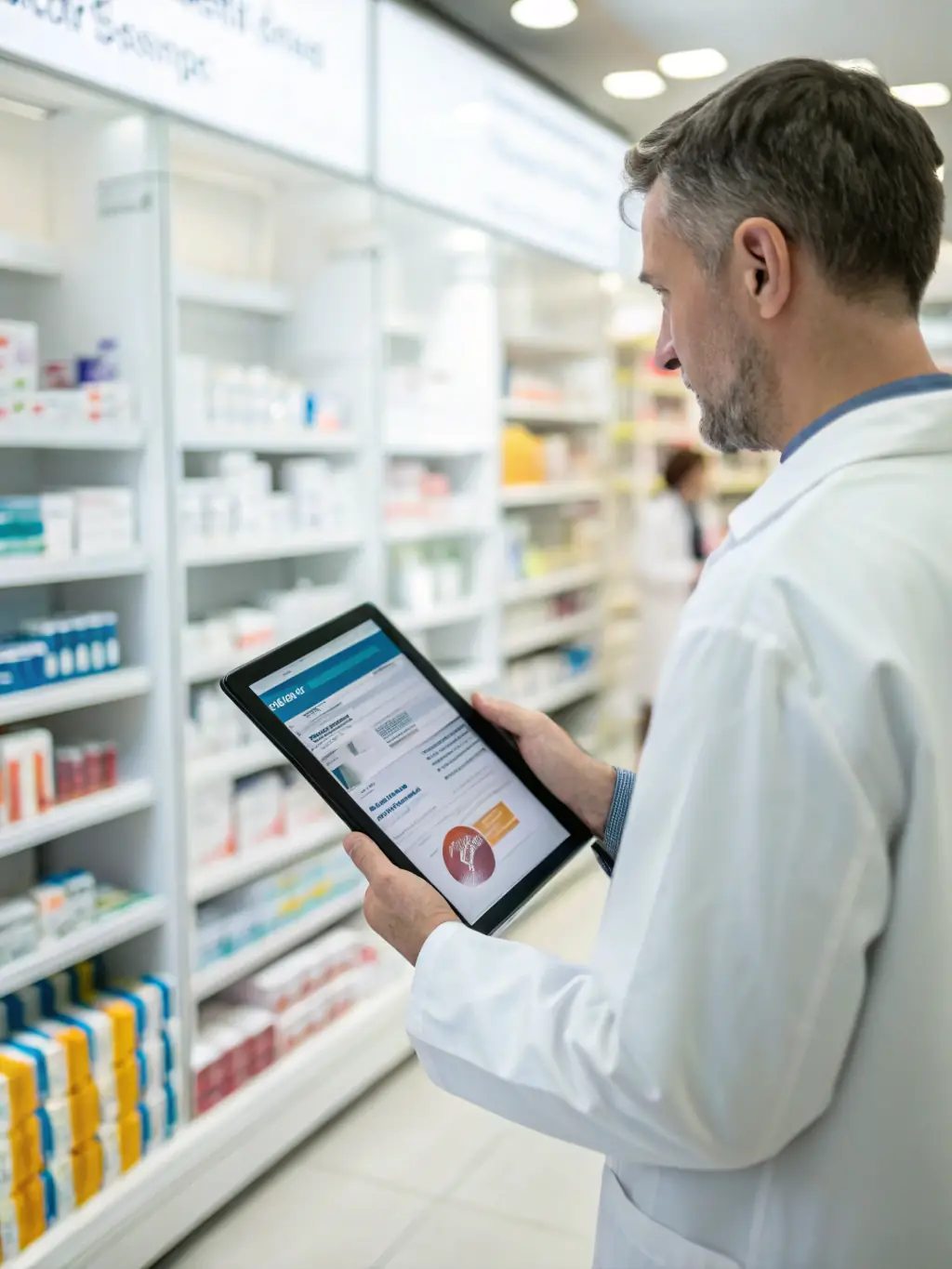 A pharmacist smiling and confidently using the SaguaroRx portal on a tablet, showcasing the ease of managing their listings and pricing.