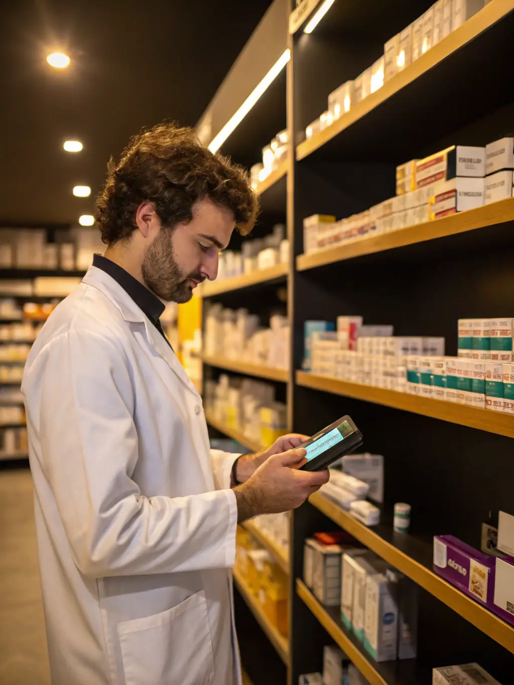 A QR code prominently displayed at a pharmacy checkout counter, with a patient scanning it using their smartphone.