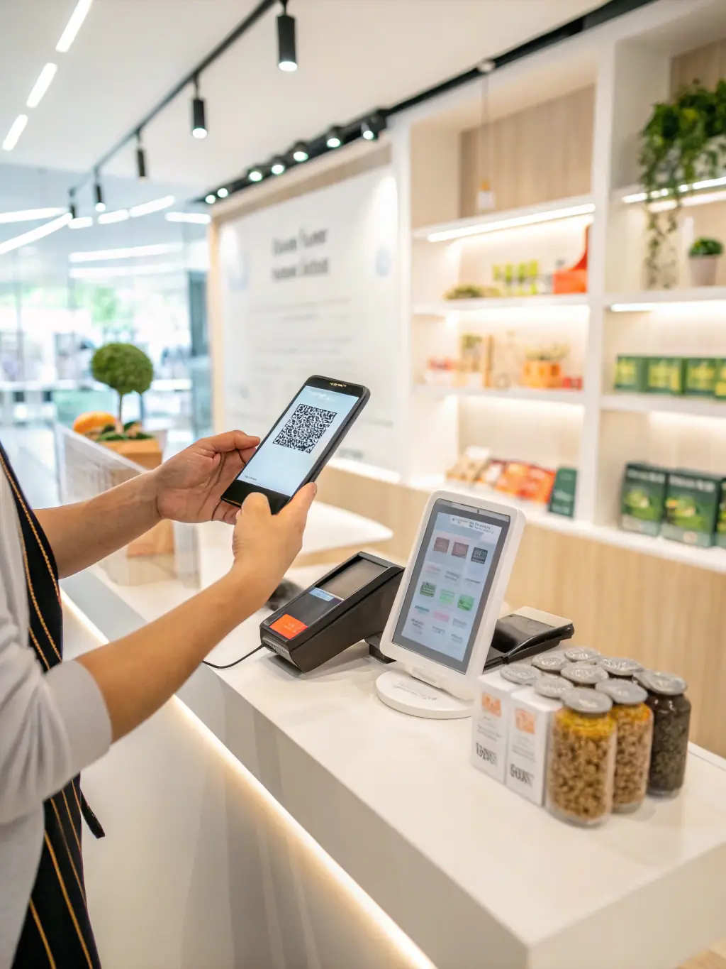 A close-up of a QR code being scanned at a pharmacy checkout counter, illustrating the transaction tracking feature.