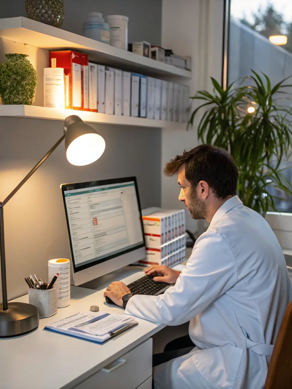 A pharmacist using the SaguaroRx portal on a laptop, showcasing the user-friendly interface and data management tools.